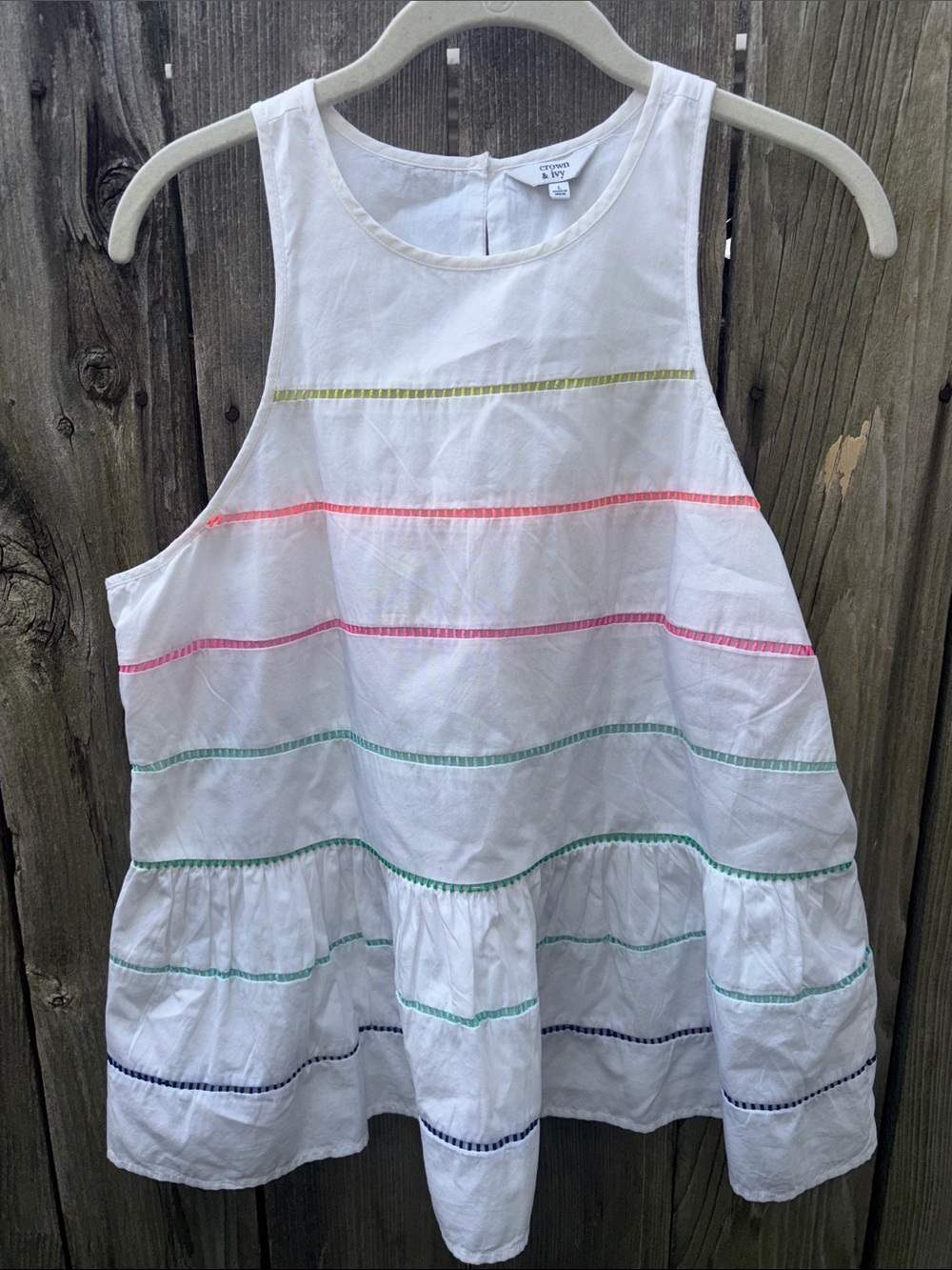 crown & ivy White Tiered Tank with Rainbow Embroidered Stripes